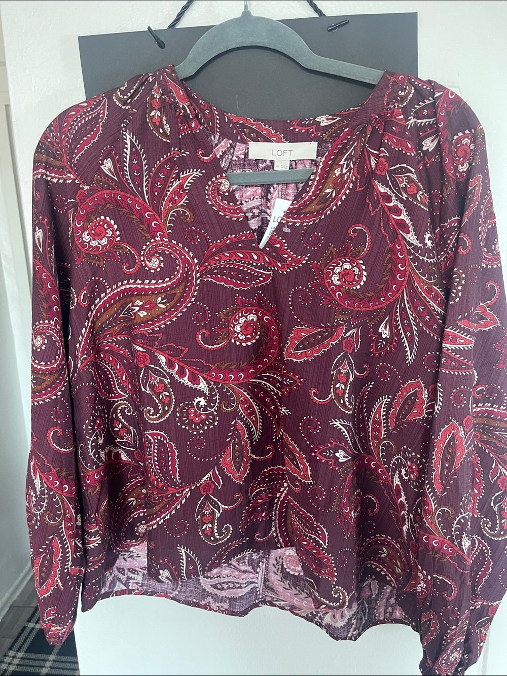 LOFT Burgundy and Pink Paisley Long-Sleeve Blouse